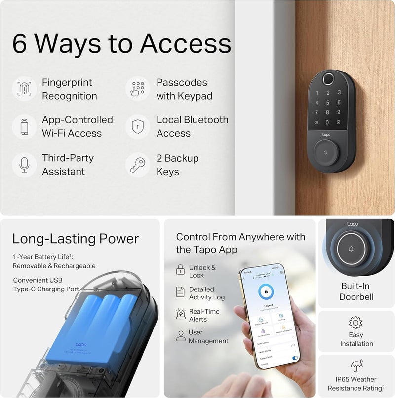 tapo TP-Link Smart Door Lock, Deadbolt | Keyless Entry, Fingerprint Recognition, Touchscreen Keypad & in-App Monitoring with Scheduled Access | 1-Year Rechargeable Battery | BHMA Grade 2 | DL110 - Image 2